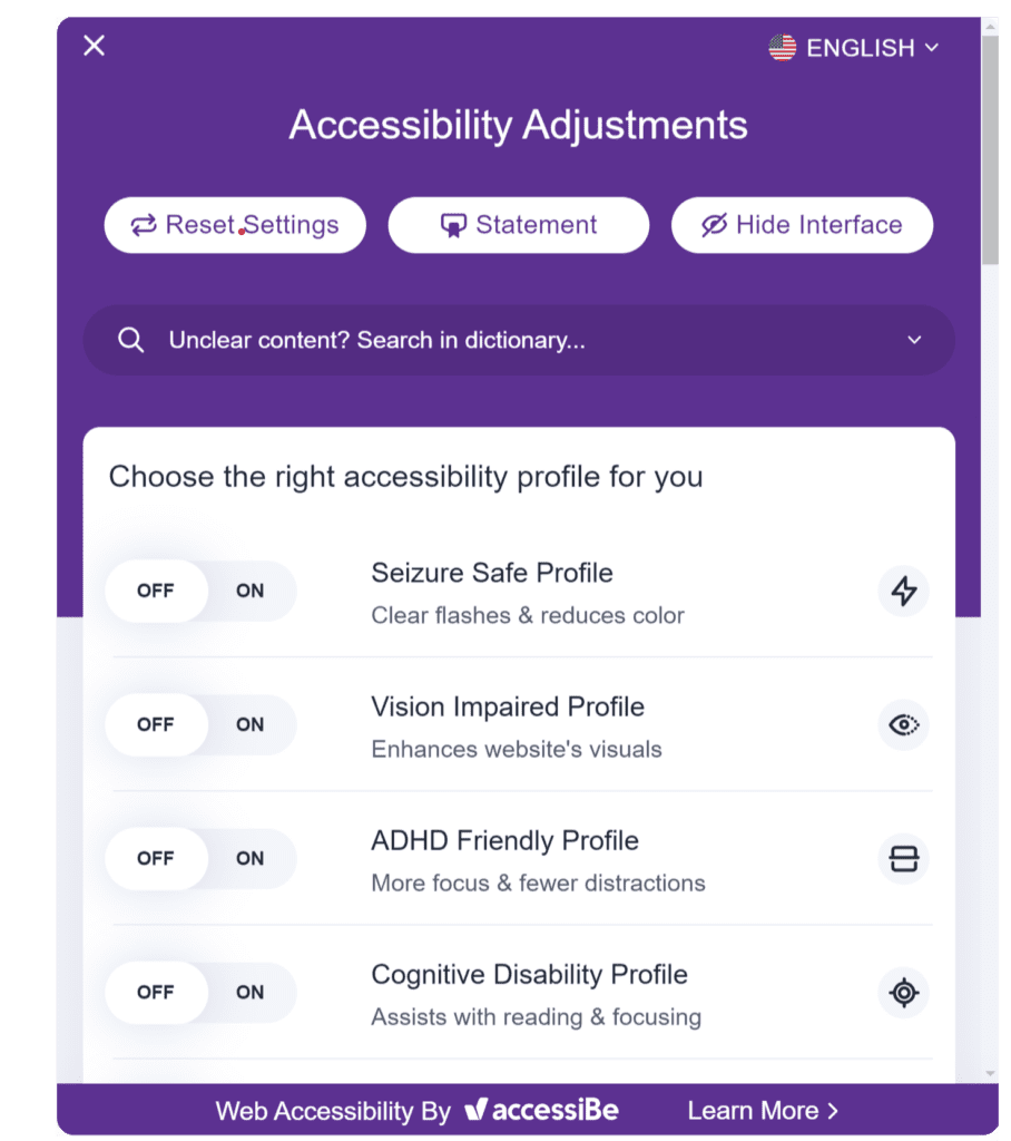 Screen grab listing adjustments that an accessibility tool uses to make a website ADA-compliant.