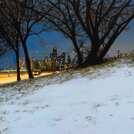 A painting showing the Chicago skyline in winter by Sam Rosenthal.