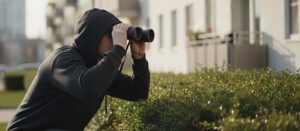 man in black hoody holding binoculars and standing outside a building.
